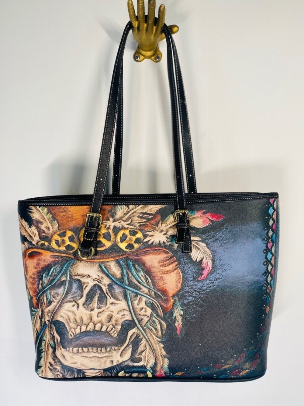 Skull Graphic Faux Leather Tote Bag With Adjustable Straps & Inner Pockets